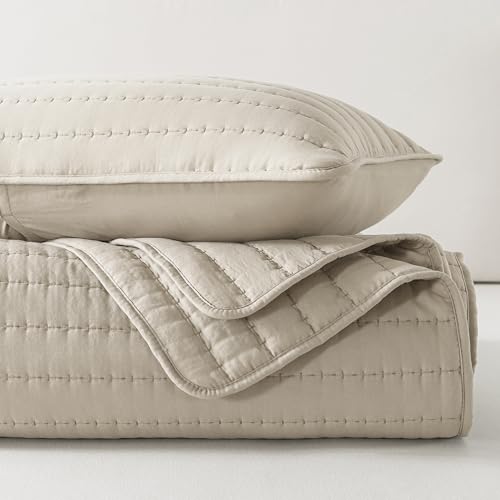 ROARINGWILD Neutral Beige Queen Size Quilt Bedding Sets with 2 Pillow Shams, Full Lightweight Soft Bedspread Coverlet, Quilted Blanket Thin Comforter Bed Cover for All Season, 3 Pieces, 90x90 inches ROARINGWILD