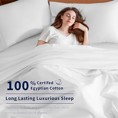 Shilucheng 100% Cotton Sheets Set - 600 Thread Count, Extra Deep Pocket Sheets Fits 18"-24" Thick Mattress, Breathable & Cooling, Luxury Egyptian Cotton Bed Sheets 4 Piece (Queen,White) Shilucheng