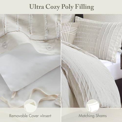 Madison Park Queen Comforter Set Clipped Jacquard Stripes with Buttons Boho Comforter for a Queen-Size Bed, Cotton Oversized Comforters with Removable Cover Boho Bedding, Queen Ivory 8 Piece Madison Park
