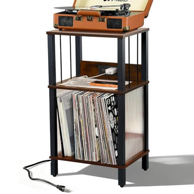 DGSANDGO Retro Record Player Stand with 100-Album Storage - Adjustable Height Turntable Stand, Compact Wooden Vinyl Shelf for Small Apartment/Living Room, Vintage Brown Mid-Century Style