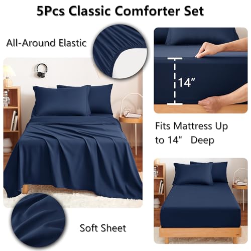 CozyLux Twin Comforter Set with Sheets Navy Blue - 5 Pieces Bed in a Bag Twin, All Season Bed Set for Girls and Boys, Bedding Set with Down Alternative Comforter, Sheets, Pillowcase & Sham CozyLux