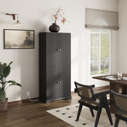 71" Tall Fluted Kitchen Pantry Cabinet, Modern Fluted Pantry Cabinet with Doors, Kitchen Pantrys Storage Cabinets with Drawer and Adjustable Shelves Doors for Dining Room, Living Room, Bathroom Black Generic