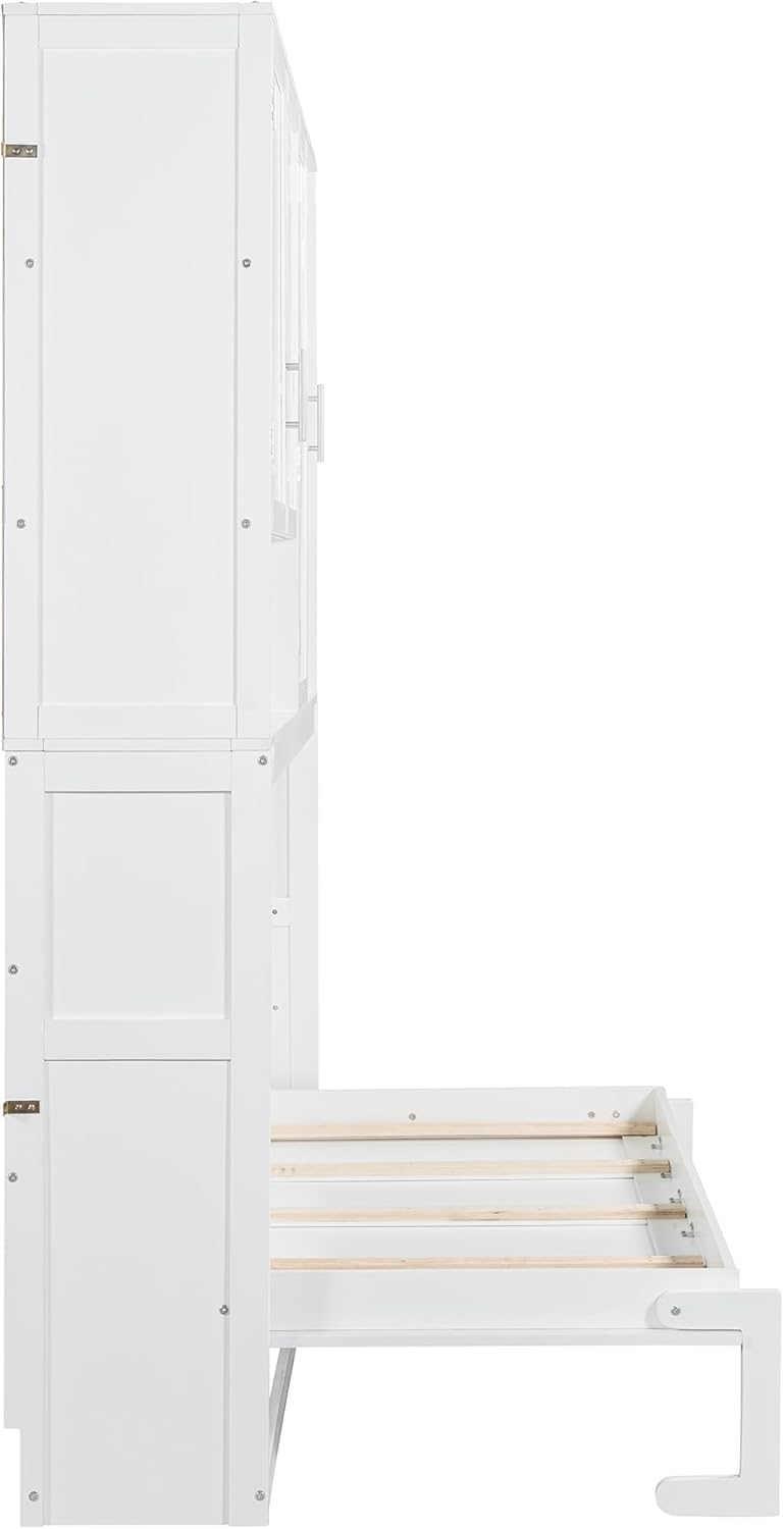 Twin Horizontal Murphy Bed with Storage Cabinet, LED Light and Charging Station,Wood Folding Murphy Wall Bed Cabinet with Bookcase and Shelves for Adult (White) MERITLINE