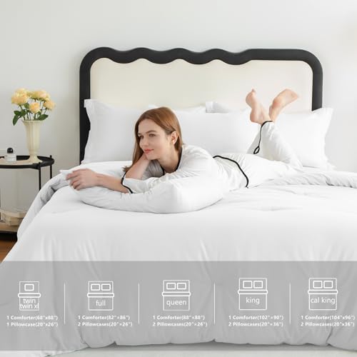 CozyLux White Full Size Comforter Set, 3 Pieces Solid Breathable Quilted Style Bedding Sets, Luxury Fluffy Soft Bed Set with Down Alternative Comforter for All Season (1 Comforter & 2 Pillowcases) CozyLux