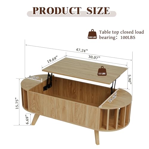 Janmer Home 47.3" Lift Top Coffee Table with Hidden Storage, Small End Table with Curved Edge Design, Oval Center Table with Lift Tabletop for Living Room, Office (Natural) Janmer Home