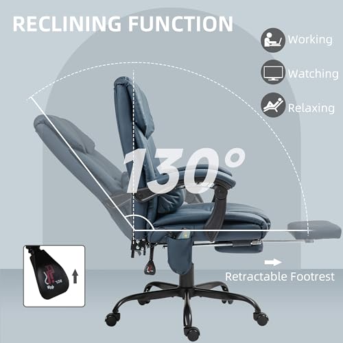 Vinsetto High Back Massage Office Chair with 6 Vibration Points, PU Leather Reclining Computer Chair, Ergonomic Desk Chair with Footrest Adjustable Height and Remote, Blue Vinsetto