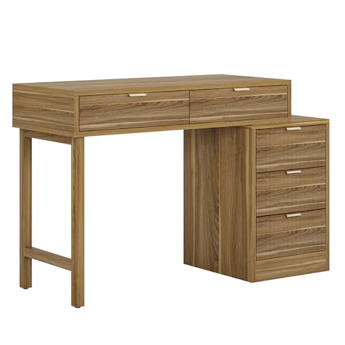 Tribesigns Makeup Vanity Desk with 5 Drawers, Modern Small Dressing Desk with Storage, Wood Make Up Table for Bedroom, Narrow Space (Without Mirror), Walnut Brown Tribesigns