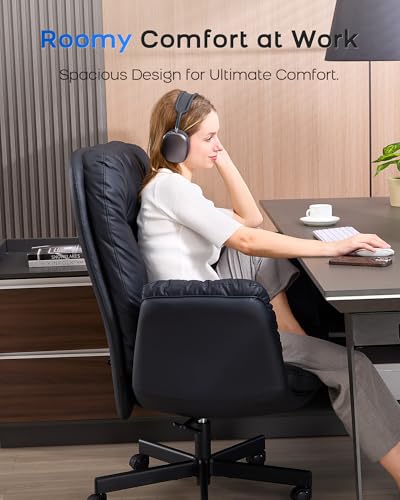 LukkDys Executive Office Chair, Big & Tall 400 lbs Capacity, Wide Seat, PU Leather, 5-Gear Lay-Flat Armrests (90°–180°) for Cross-Legged Comfort, 90–115° Recline, High Back Desk Chair, Black LukkDys