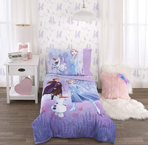 Disney Frozen 2 Lavender, Light Blue and Purple Forest Spirit 4 Piece Toddler Bed Set - Comforter, Fitted Bottom Sheet, Flat Top Sheet, Reversible Pillowcase Disney