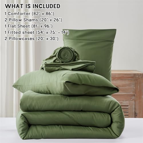 Anluoer Full Comforter Set 7 Pieces, Olive Green Bed in a Bag with Sheets, All Season Bedding Sets with 1 Comforter, 2 Pillow Sham, 2 Pillowcase, 1 Flat Sheet, 1 Fitted Sheet Anluoer