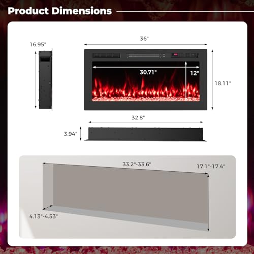Tangkula 36 inches Smart Electric Fireplace,Recessed & Wall-Mounted 1500W Fire Place with 12 Flame & Ember Bed Colors, 12H Timer, Remote & APP Control, Alexa & Google Assistant Compatible Tangkula