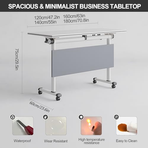 4PCS Folding Conference Table, Modern Mobile Meeting Table with Silent Wheels 63" D X 23.6" W X 29.5" H Wood Training Table for Office Reception Classroom Training JNMDLAKO