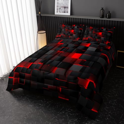 Nttopship Neon Red Black Comforter Set Twin Geometric Kids Bedding Set,3 PCS Geometry Honeycomb Bed Set Modern Quilt Set 1 Comforter 2 Pillow Cases Cool Room Decor All Season B-Side Black Nttopship