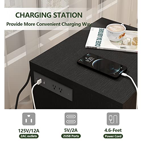 Auromie Nightstand with Charging Station and LED Lights, Concealment Furniture with RFID Lock Cabinet and Power Outlets, Bedside Table with Hidden Compartment for Valuables Storage, Black Auromie