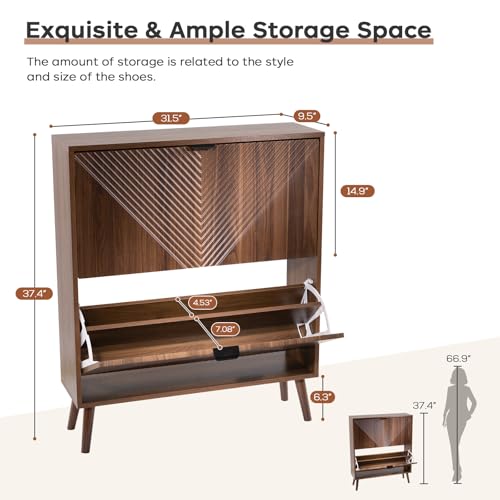 oakvivo Shoe Cabinet Storage, Farmhouse Freestanding Organizer with 2 Flip Drawers and 4 Wooden feet, Narrow Shoe Rack Cabinet for Entryway, Foyer, Hallway, Walnut oakvivo