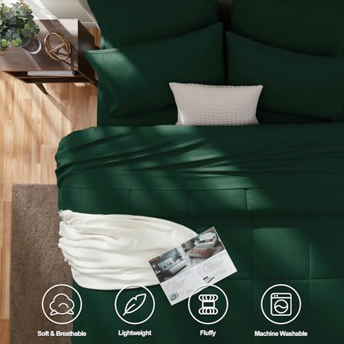 CozyLux Queen Comforter Set Emerald Green, 7 Pieces Bed in a Bag, Green Comforters Queen Size, All Season Bedding Sets with Stitch Quilted Comforter, Flat Sheet, Fitted Sheet, Pillowcases CozyLux