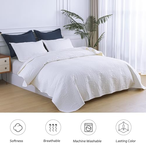 SheRest Twin Quilt Bedding Set - White Soft Breathable Bed Quilt, Modern Style Embossed Bedspreads, Lightweight Microfiber Reversible Coverlet for All Seasons - 1 Quilt, 1 Pillow Sham SheRest