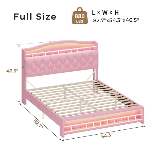 HAUOMS Full Bed Frame with LED Lights, Princess Velvet Upholstered Platform Bed for Girls, Headboard with Charging Station & Guardrail & Crystal Button, No Box Spring Needed, Pink HAUOMS