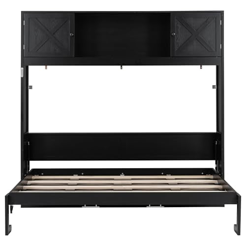 SOFTSEA Queen Size Horizontal Murphy Bed with Shelves, Hidden Wall Bed Frame with Storage Cabinets, Space Saving Foldable Murphy Bed for Small Spaces, Guest Room, Bedroom, Office, Black SOFTSEA