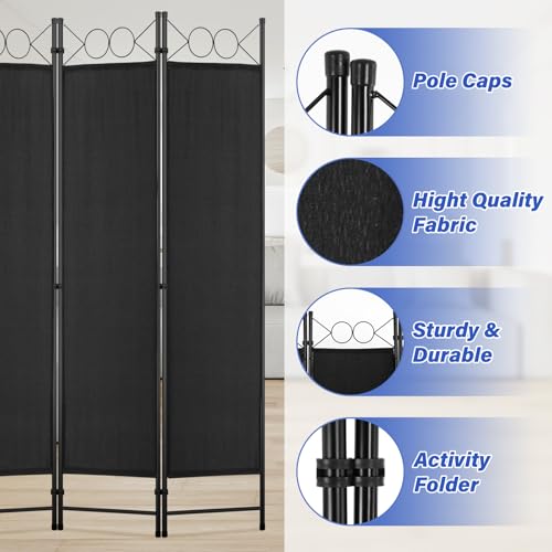 RROCOSIA Room Divider 4 Panel, Portable Folding Privacy Screen 6FT Freestanding Wall Divider with Steel Frame and Fabric Divider Panel 53.54″ x 15.94″ Room Separating for Home Hotel Office,Black RROCOSIA