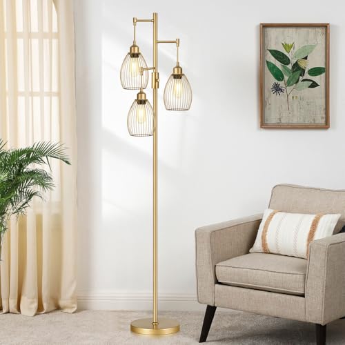 Dimmable Industrial Floor Lamps for Living Room, Gold Tree Standing Tall Lamps with 3 Elegant Teardrop Cage Head & 800 Lumens LED Bulbs for Bedroom Office Torondo