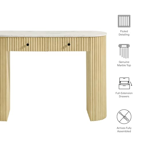 Modway Caldera 42-Inch Curved Solid Wood Fluted Console Table in Natural with Oval Marble Top – Narrow Entryway Table with 2 Drawers Modway