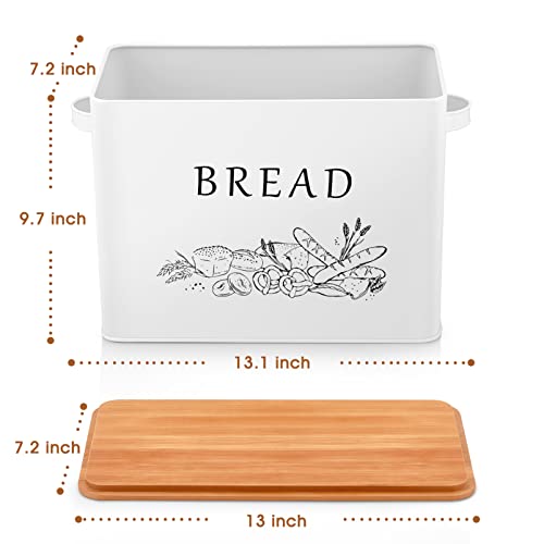 TeamFar Bread Box with Wooden Lid, 13.1” x 7.2” x 9.7” Metal Bread Container Storage Holder for Family Farmhouse Kitchen Countertop, Powder-Coated & Healthy, Large Capacity & Classic Pattern (White) TeamFar