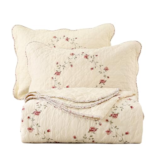 vctops 3-Piece Floral Embroidered Bedspread Coverlet Set 100% Cotton Reversible Patchwork 1 Quilt and 2 Pillow Shams Full/Queen, Flower vctops