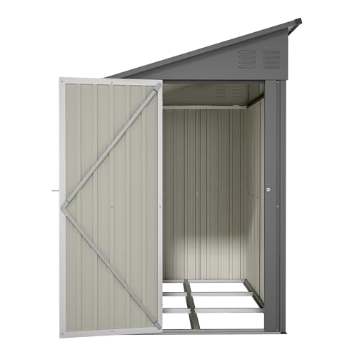YOPTO 4×8 FT Lean to Metal Shed,Outdoor Heavy-Duty Storage Shed with Floor Base,All Weather Waterproof Garden Tool House W/Lockable Door&2 Air Vents,Reversible Door Design,for Backyard,Patio,Lawn,Gray YOPTO