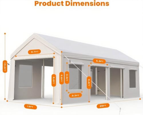 HobbyField 13x25ft Heavy Duty Carport with 6 Doors 4 Windows Portable Garage for 2 Cars Reinforced Steel Frame & UV Resistant PE Tarp All Weather Shelter for Trucks Boats ATVs HobbyField