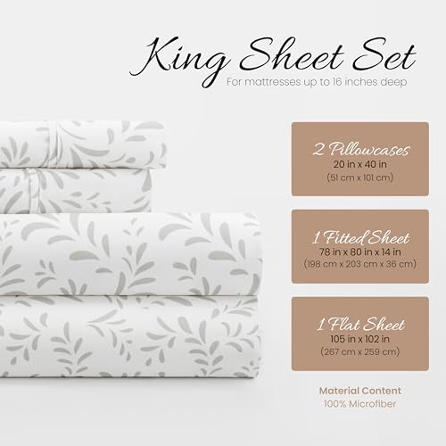 Linen Market 4 Piece King Size Sheets (Gray Vines) - Sleep Better Than Ever with These Ultra-Soft & Cooling King Sheets for Your King Size Bed - Deep Pocket Fits 16" Mattress