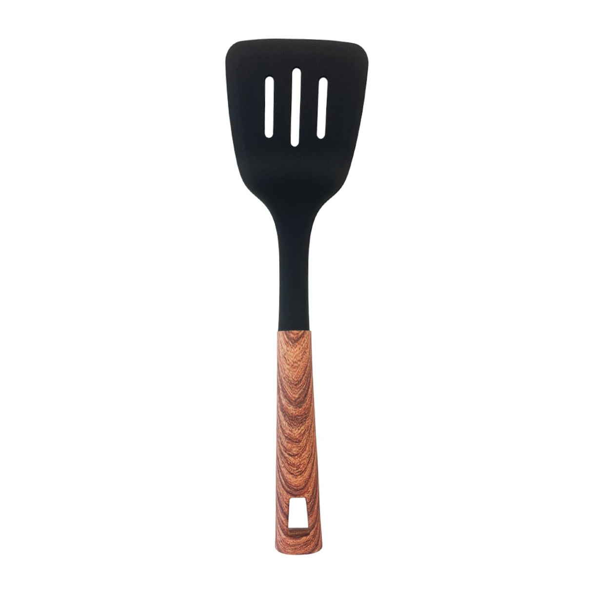 JS Gourmet Soft Touch Nylon Slotted Turner with Wood Grain Handle and Hanging Hole, Heat Resistance, Non Stick Flexible Flipper Spatula, for Flipping Pancakes, Fish, Eggs and More JS Gourmet