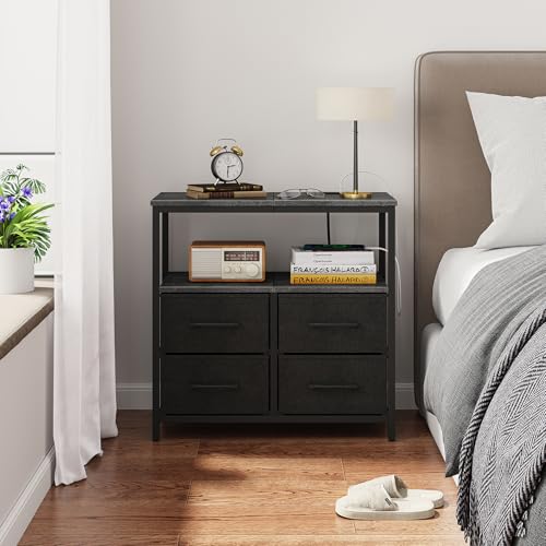 TUTOTAK Large Night Stand with Charging Station, Nightstand with USB and Type-C Port, Bedside Table with Cloth Drawers, End Table for Livingroom, Bedroom, Charcoal Grey TB01BY081 TUTOTAK