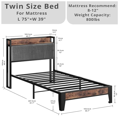LIKIMIO Twin Bed Frames, Storage Headboard with Charging Station, Solid and Stable, Noise Free, No Box Spring Needed, Easy Assembly LIKIMIO