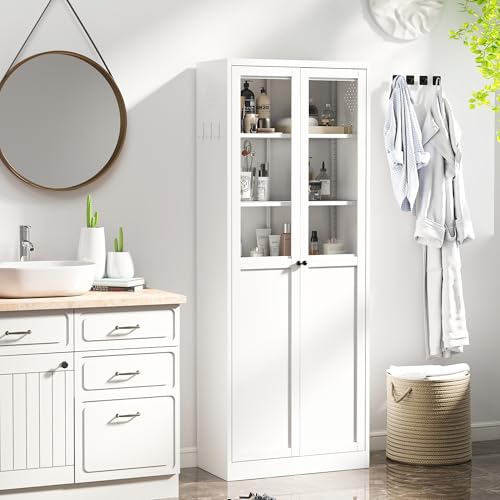 AQY Kitchen Pantry Cabinet,72" White Pantry Storage Cabinet with 5 Tire Adjustable Shelves and Glass Doors,Freestanding Cupboard,Metal Pantry Cabinets with Handle for Living Room,Assembly Required AQY