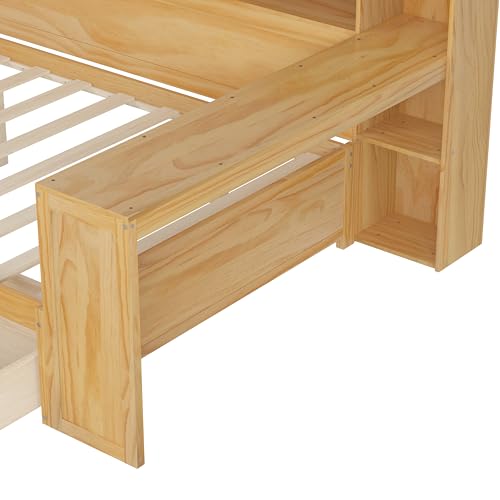 Bellemave Full Corner Bed Frame with Storage Shelves and Desk, Wood Full Size Daybed with Bookcase and Drawers, Natural Bellemave