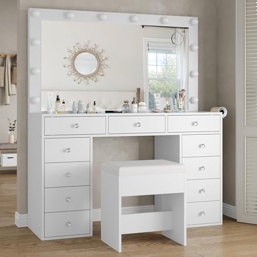 Yanosaku Vanity Desk & Power Outl, Makeup Vanity with Mirror and 12 LED Lights, Makeup Table with 11 Drawers, Vanity Table with Chair,Set 3 Lighting Modes Brightness Adjustable-(White) Yanosaku