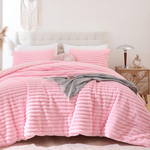 Smoofy Fluffy Queen Comforter Set 3 Pieces - Pink Fleece Fluffy Comforter Set, Luxury Fuzzy Queen Bedding Set, Soft Warm Bed Set All Season, Heavy Faux Fur Comforter with 2 Pillow Cases Smoofy