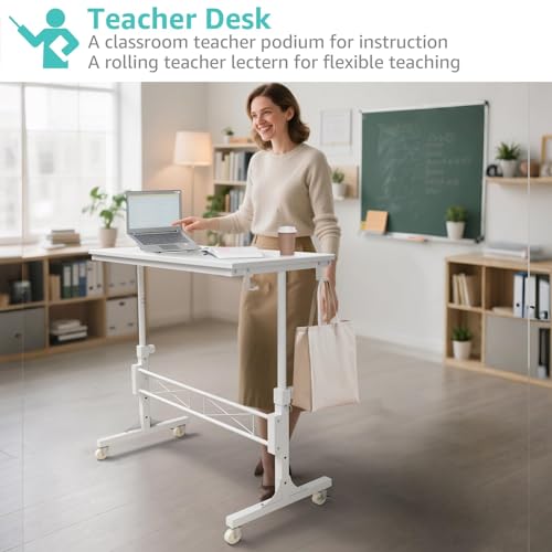 WINAZ Small Portable Treadmill Walking Pad Desk on Wheels, 32 Inch White Adjustable Height Mobile Rolling Standing Teacher Desks, Couch Sofa Side Laptop Stand Up Table for Bedroom, White WINAZ