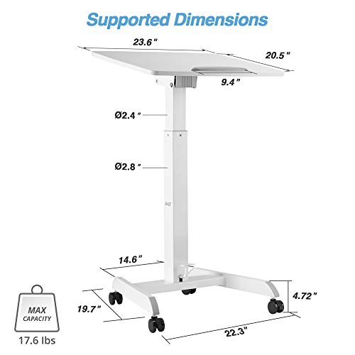 AVLT 47" Height Adjustable Mobile Workstation with Tilting Desk (3 ft 11 inches) - Foot Pedal Pneumatic Standing Desk Cart - Mobile Laptop Cart - Mobile White Cart with Brake Casters AVLT