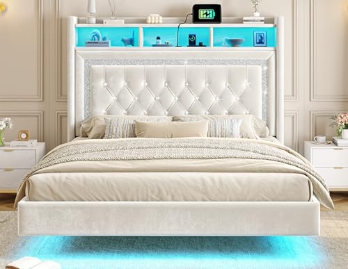 Homkdom Floating Bed Frame Queen with LED Lights & Charging Station, Upholstered Queen Bed Frame with Tall Velvet Storage Headboard, Heavy Duty Metal Slats/No Box Spring Needed/No Noise, Modern,Beige Homkdom