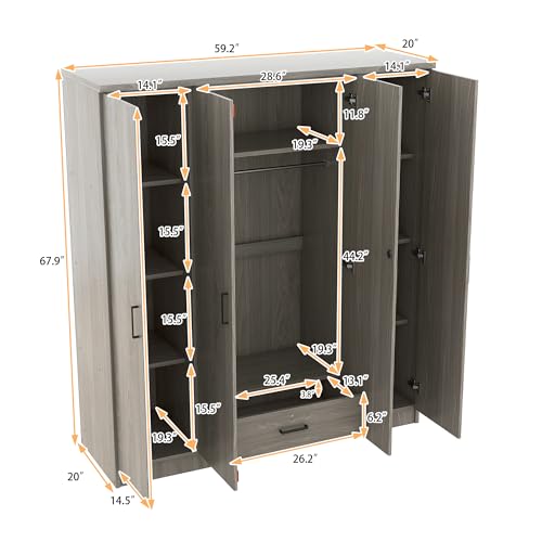 BIADNBZ Wardrobe Closet with Drawer, Hanging Rail and 4 Doors, Wooden Storage Clothes Cabinet w/Shelves for Bedroom Guest Room, 59.2" L x 19.2" W x 67.9" H, Gray BIADNBZ