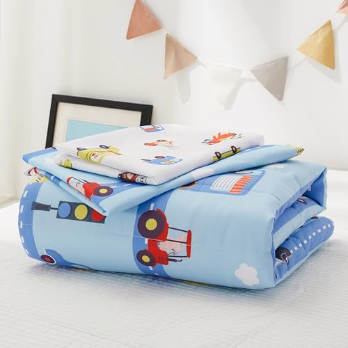 PINNKKU 4-Piece Toddler Bedding Set, Includes 1 Flat Sheet, 1 Fitted Sheet, 1 Comforter and 1 Reversible Pillowcase, Standard Toddler Comforter & Sheet Set, Ultra Soft Toddler Bed Set, Cars & Road PINNKKU