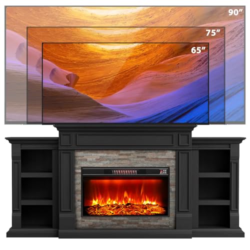 80" Fireplace TV Stand, Electric Fireplace with Mantel for TVs Up to 90 Inch, Modern Entertainment Center with Storage, Realistic Stacked Stone Surround with 30'' Fireplace for Living Room, Black HolliWill