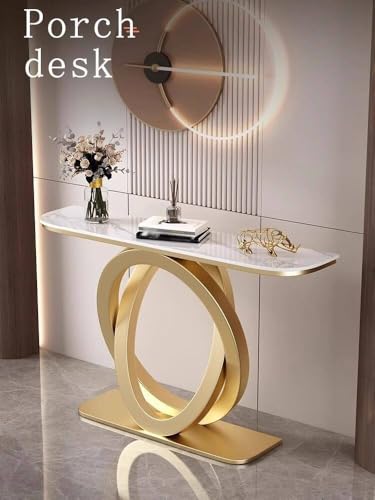 Modern Geometric Console Table with Easy-to-Clean Sintered Stone Top, Narrow Entryway Sofa Table for Hallway, Living Room, Foyer, Entrance(Brown+White,39.3"/100cm) wihgony