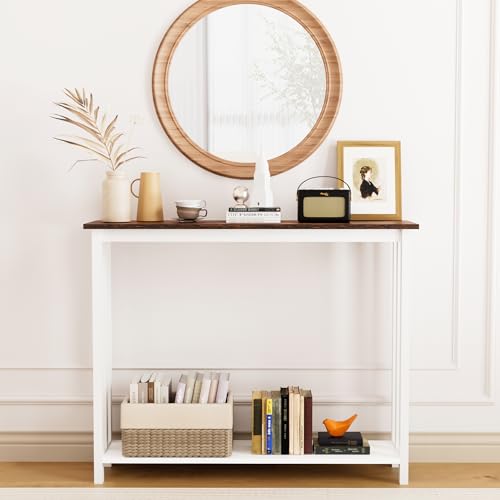 Acovy Farmhouse Solid Wood Console Table, 2 Tier Entryway Table with Storage Shelves, Narrow Sofa Table for Living Room, Hallway, Foyer, Entryway, Rustic White Acovy