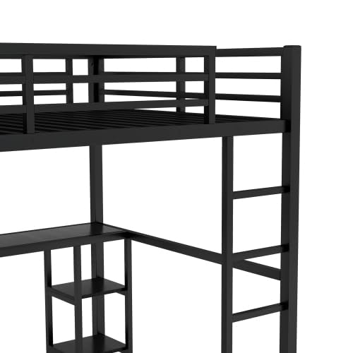 Queen Size Loft Bed with Built-in Wardrobe, Metal Loft Bed Frame with Desk and Storage Shelves, Black Bellemave