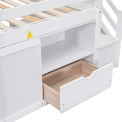 Low Loft Bed with Stairs and Storage, Twin Size Wooden Frame for Kids - White Bellemave