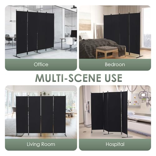 RANTILA 4 Panel Room Divider, 6 FT Folding Privacy Screen with Wide Feet, Freestanding Partition for Room Separation, Portable Room Divider Panel, 89" W x 71" H, Black RANTILA