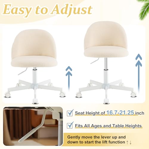 VINGLI Candy Chair Armless Cute Desk Chair,Comfy Small Office Chair with Wheels,Vanity Chair Lumbar Support,Teddy Adjustable Rolling Swivel Computer Task Chair for Home Office,Bedroom,Creamy Beige VINGLI